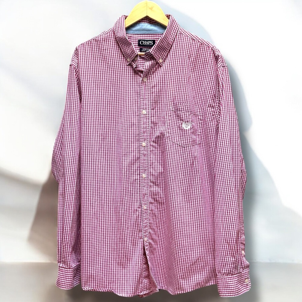 Chaps Mens XXL Stretch Easy Care Gingham Button Down Shirt‎ Burgundy White Check